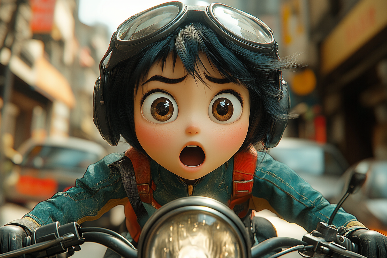 Korean Disney character on motorcycle shocked by car