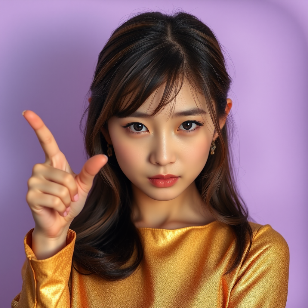 Korean Girl Pointing Finger in Gold Dress