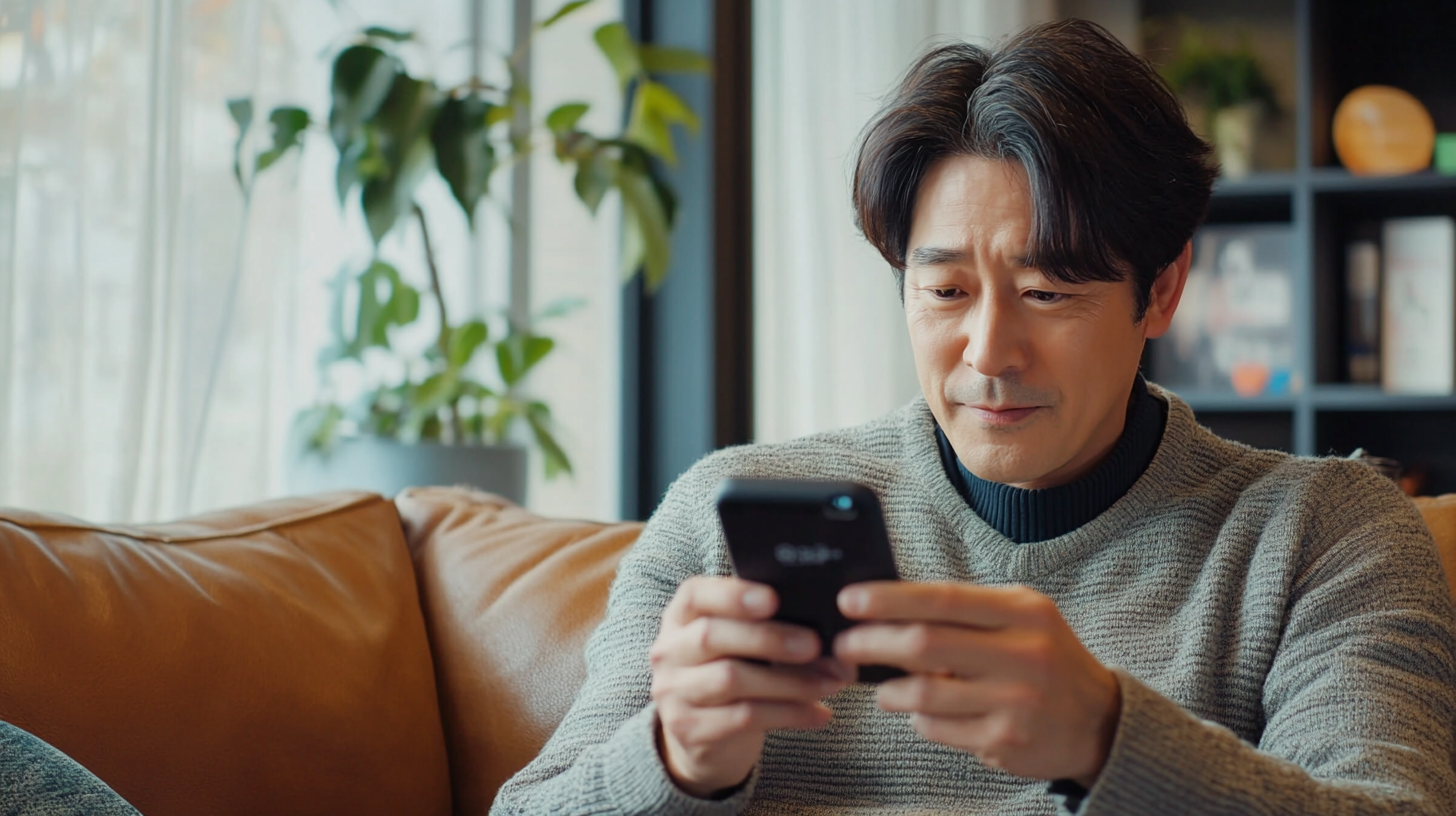 Korean Man Watching Live Golf Voucher Broadcast On Smartphone