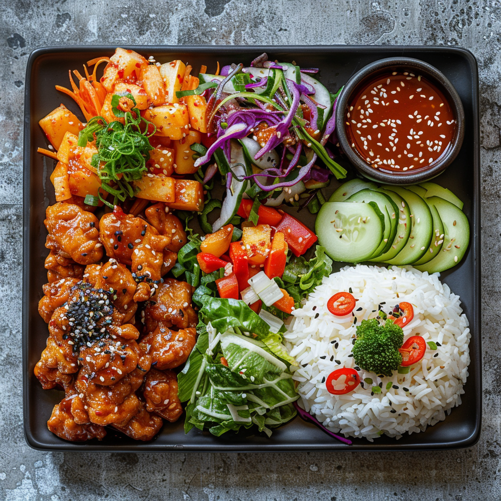 Korean chicken with coleslaw, vegetables, rice on plate.