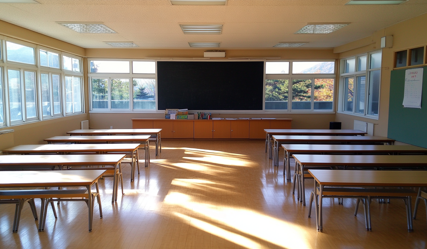 Korean classroom with clean desks and polished floor.