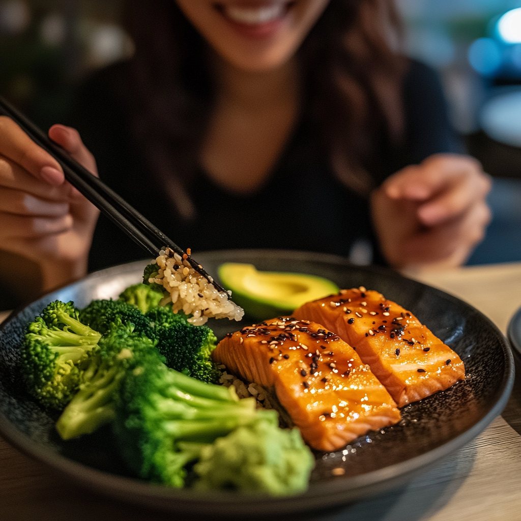 Korean enjoying healthy meal of salmon, broccoli, avocado. Happy!