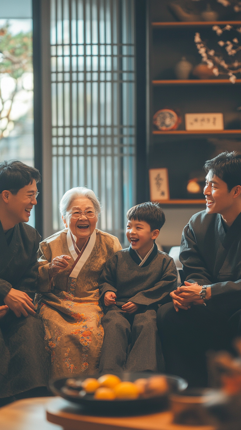 Korean family in cozy living room laughing together