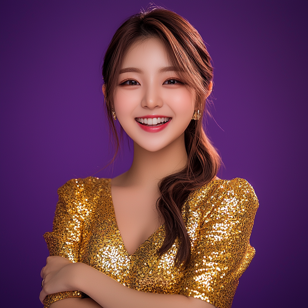 Korean girl, 19, brown hair, cheerful, laughing, gold dress.