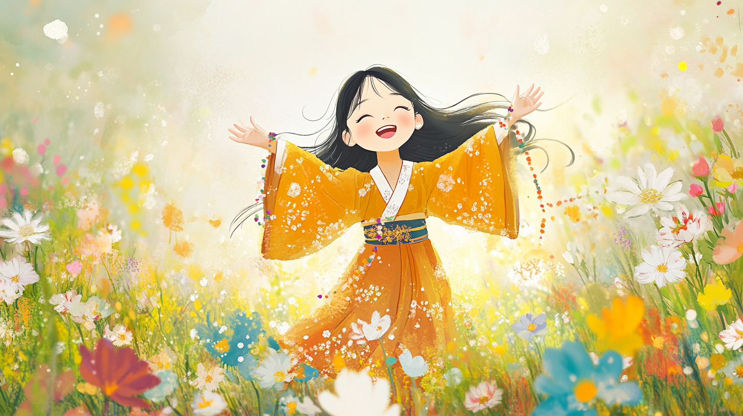 Korean girl dances joyfully in golden flower field.