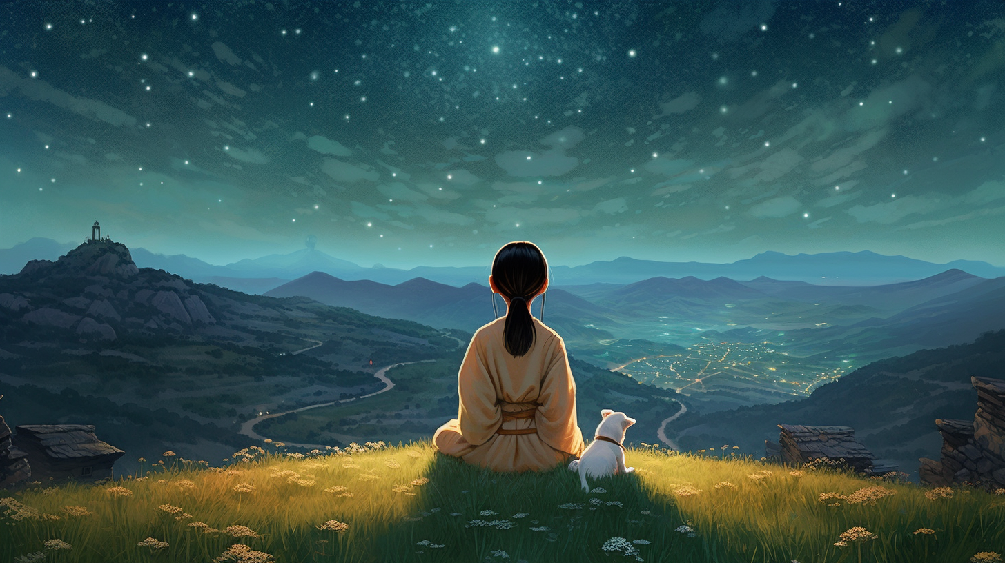 Korean girl in bodhisattva attire with night sky.