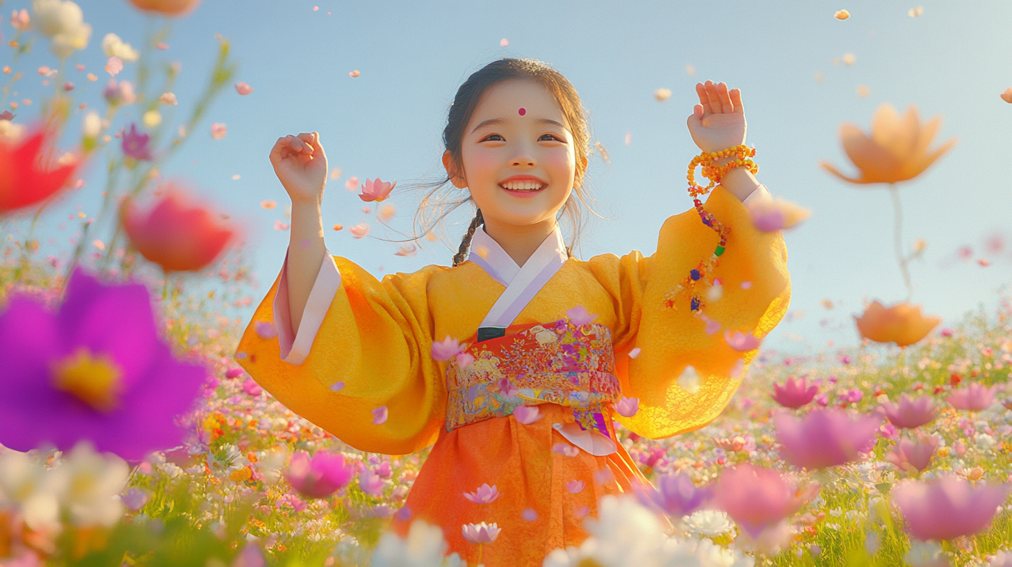 Korean girl in bodhisattva costume, dancing in flower field.