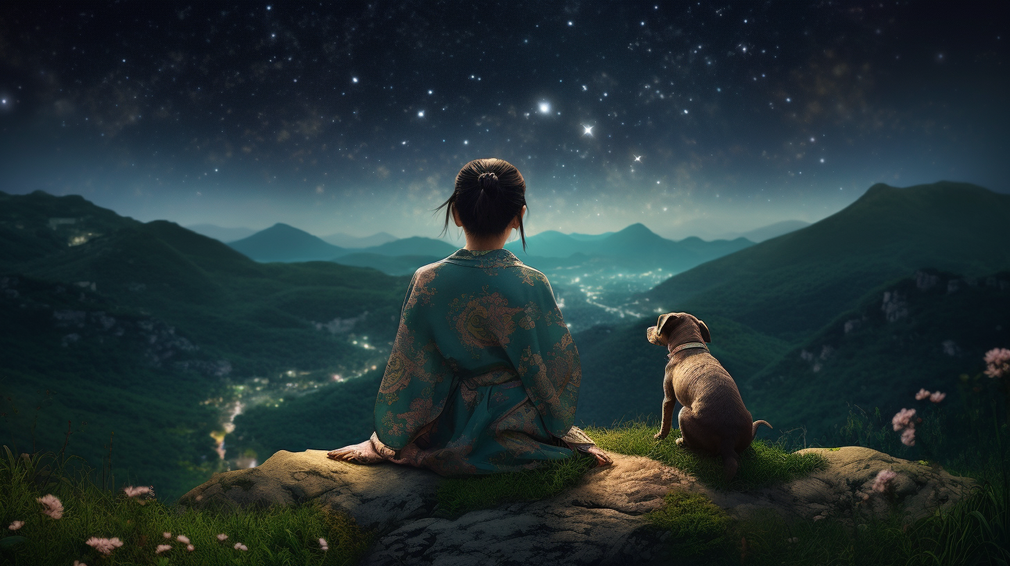 Korean girl in bodhisattva costume sits under starry sky.