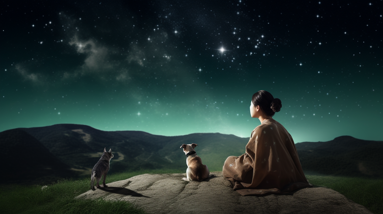 Korean girl in bodhisattva costume sitting under night sky.