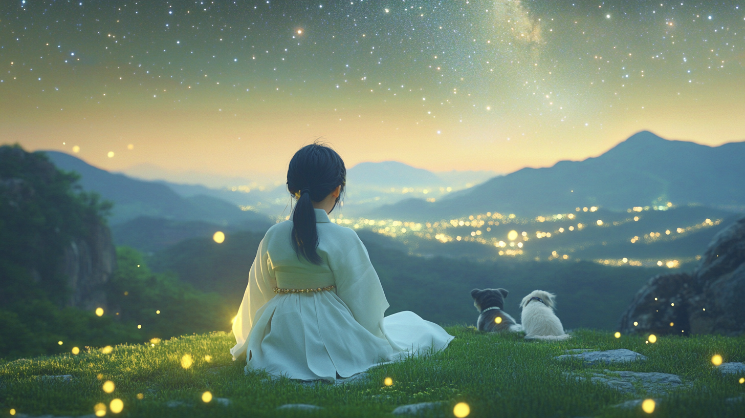 Korean girl in bodhisattva outfit under starry night sky.