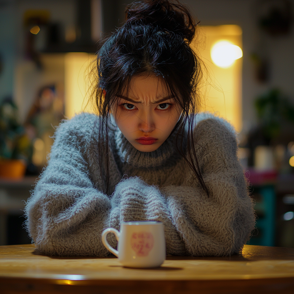 Korean girl in gray sweater, angry at kitchen table.