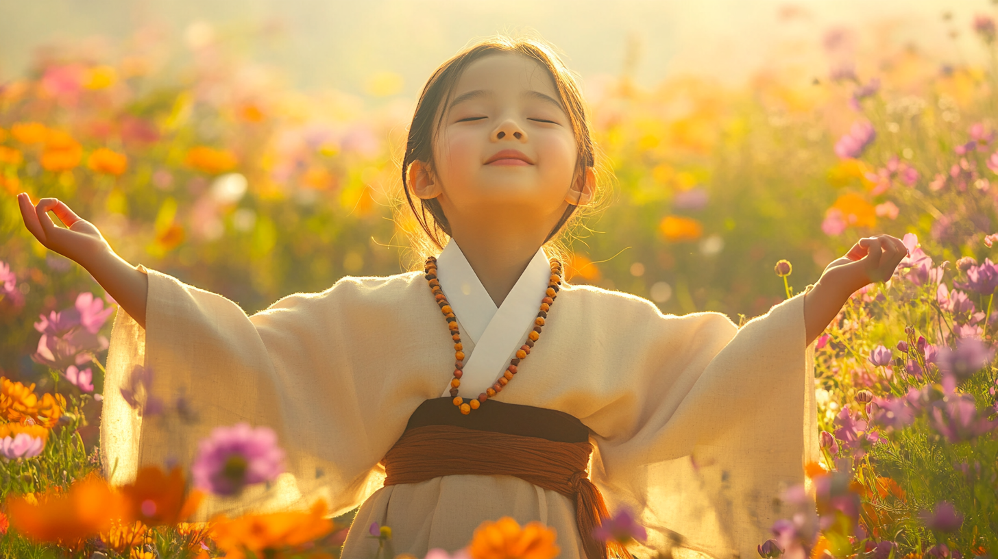 Korean girl monk dancing happily in flower field.