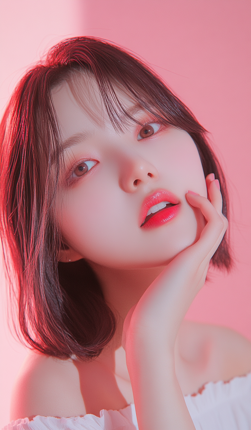 Korean girl with white skin, pink background, portrait photography.