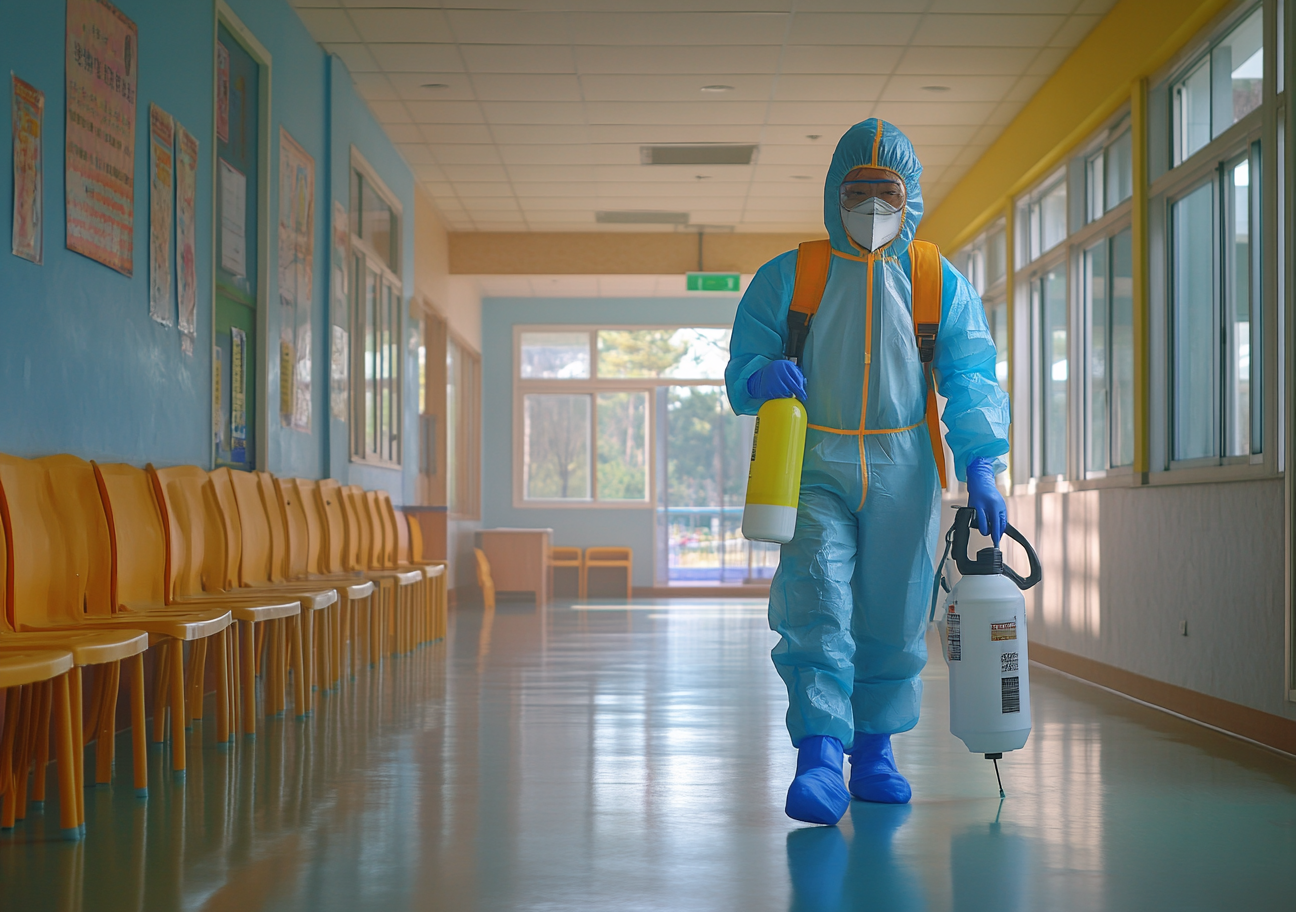 Korean man in protective gear cleaning school with spray.