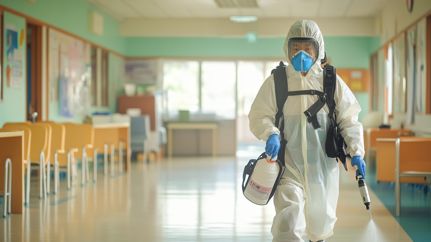 Korean man in protective gear disinfecting bright school.