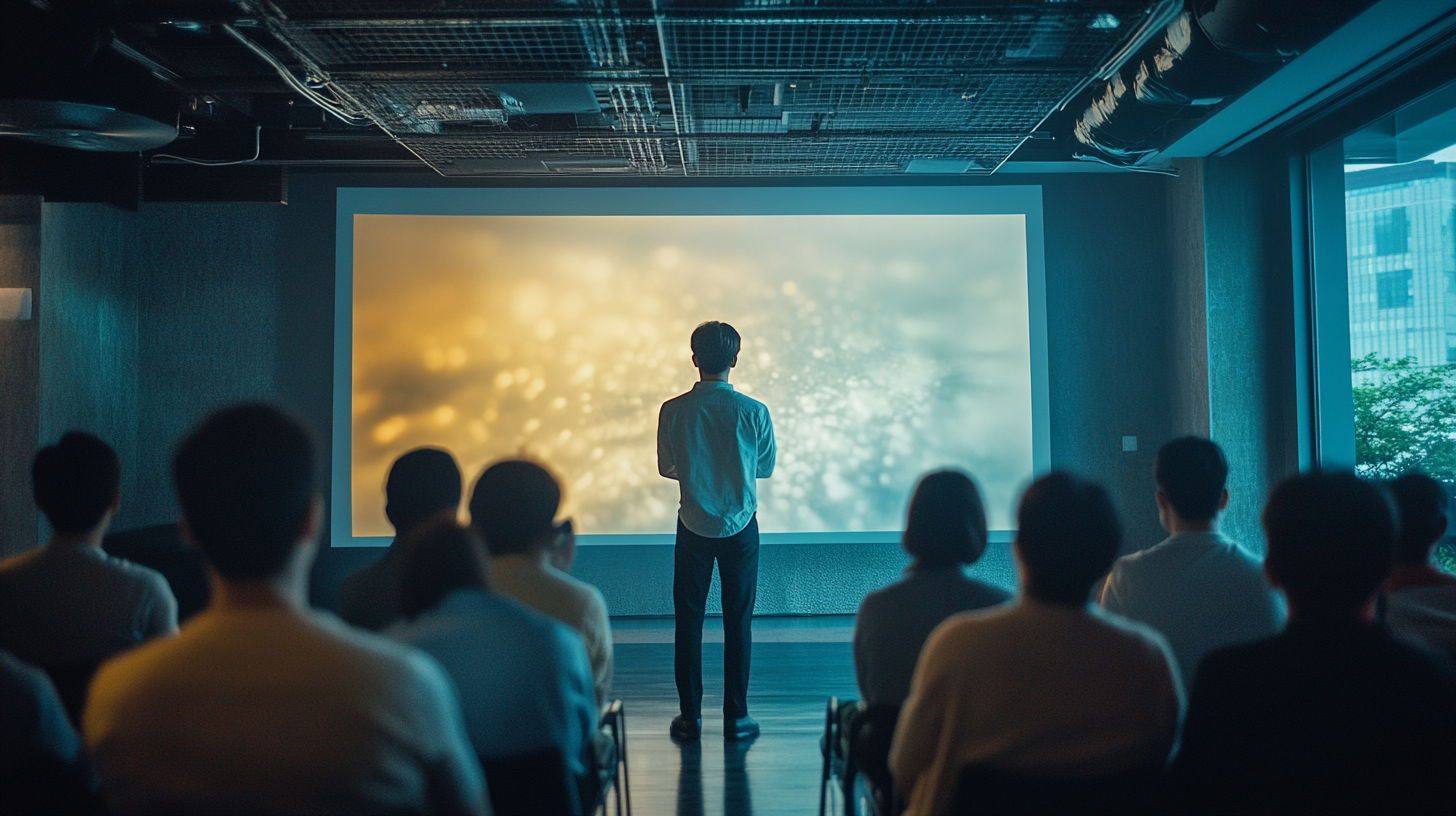 Korean man presenting on large screen to focused audience.