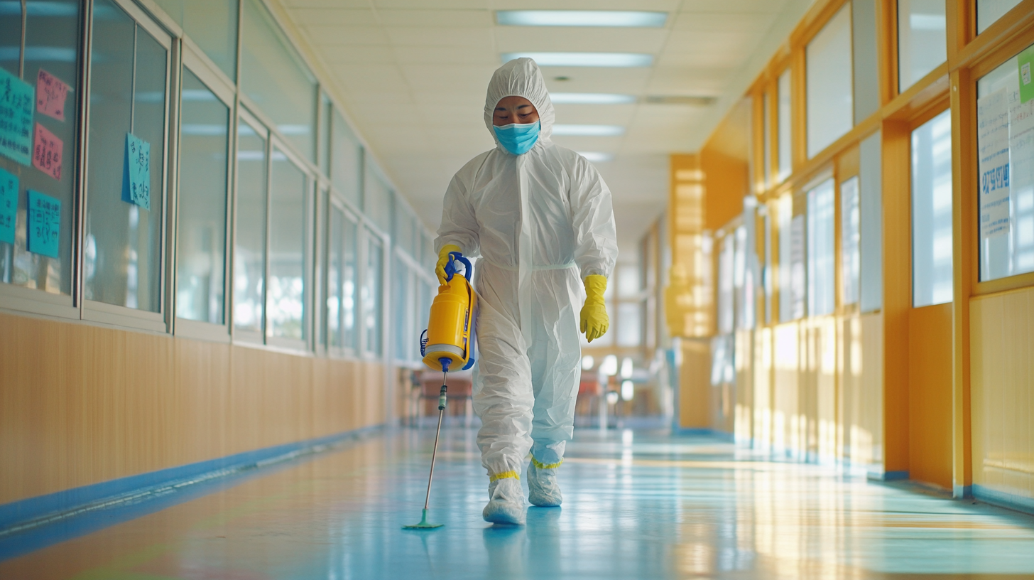 Korean man sanitizing clean school with disinfectant spray machine.