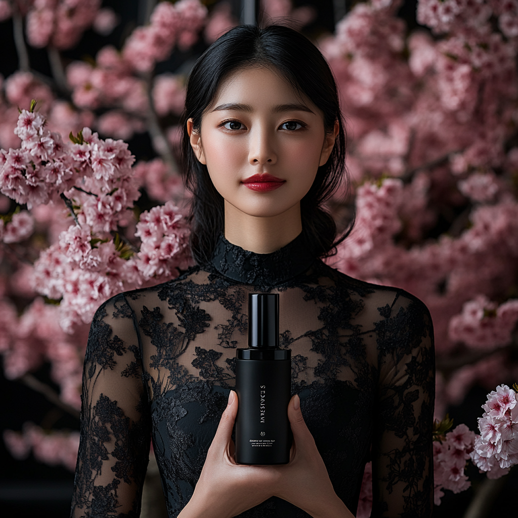 Korean model holding black cream lotion by sakura mockups.