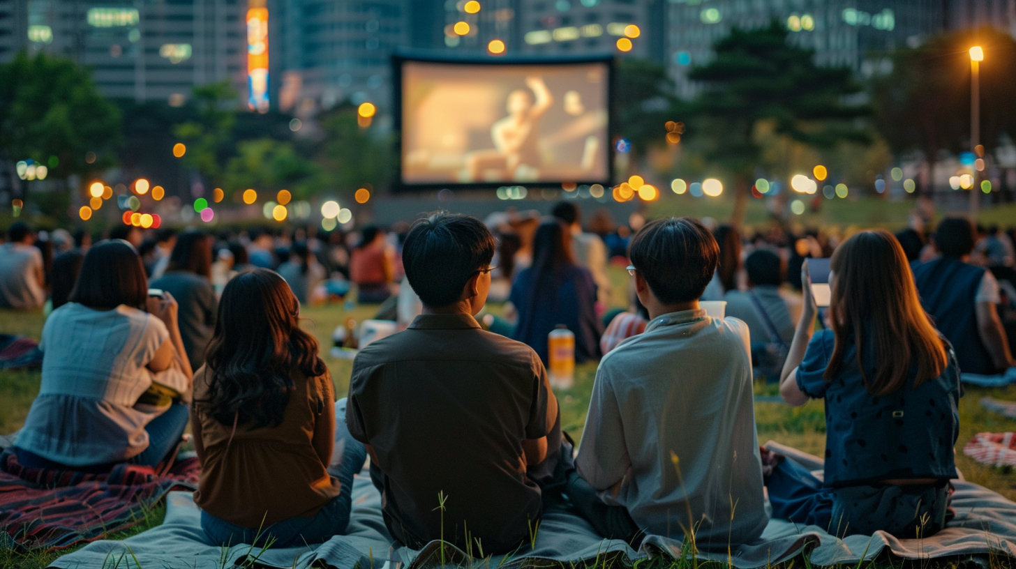 Korean people watching movie outdoors in city park.