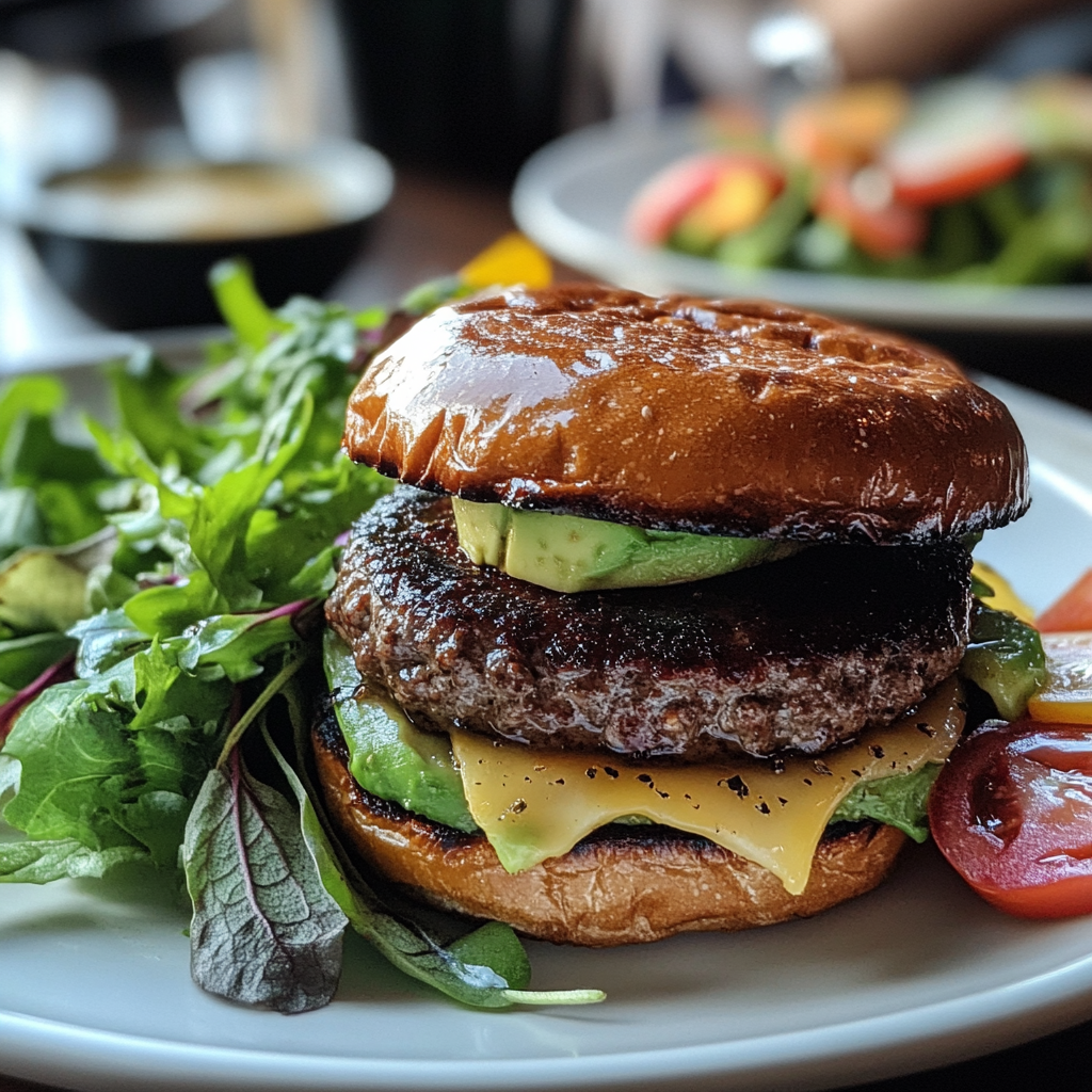 Korean person about to eat grass-fed burger and avocado.