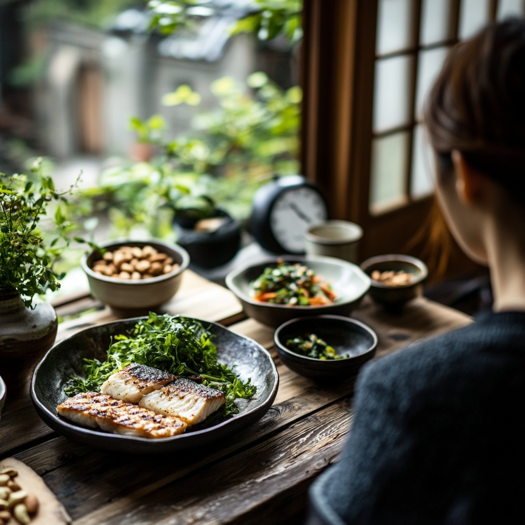 Korean person at dining table ready for balanced meal.