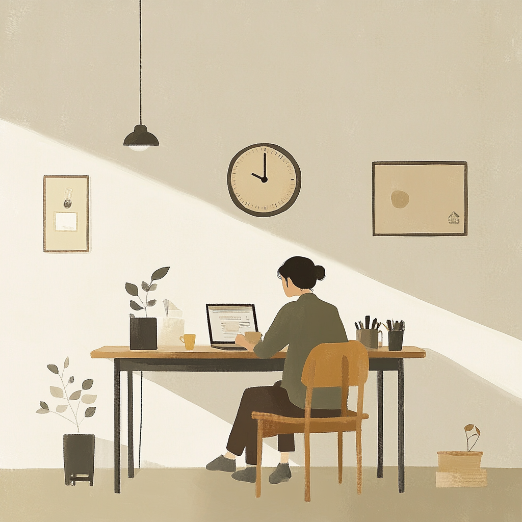 Korean person drinking tea and working from home peacefully.