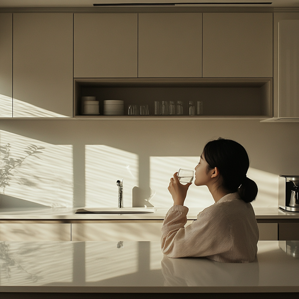 Korean person enjoying water in modern, minimalistic kitchen.