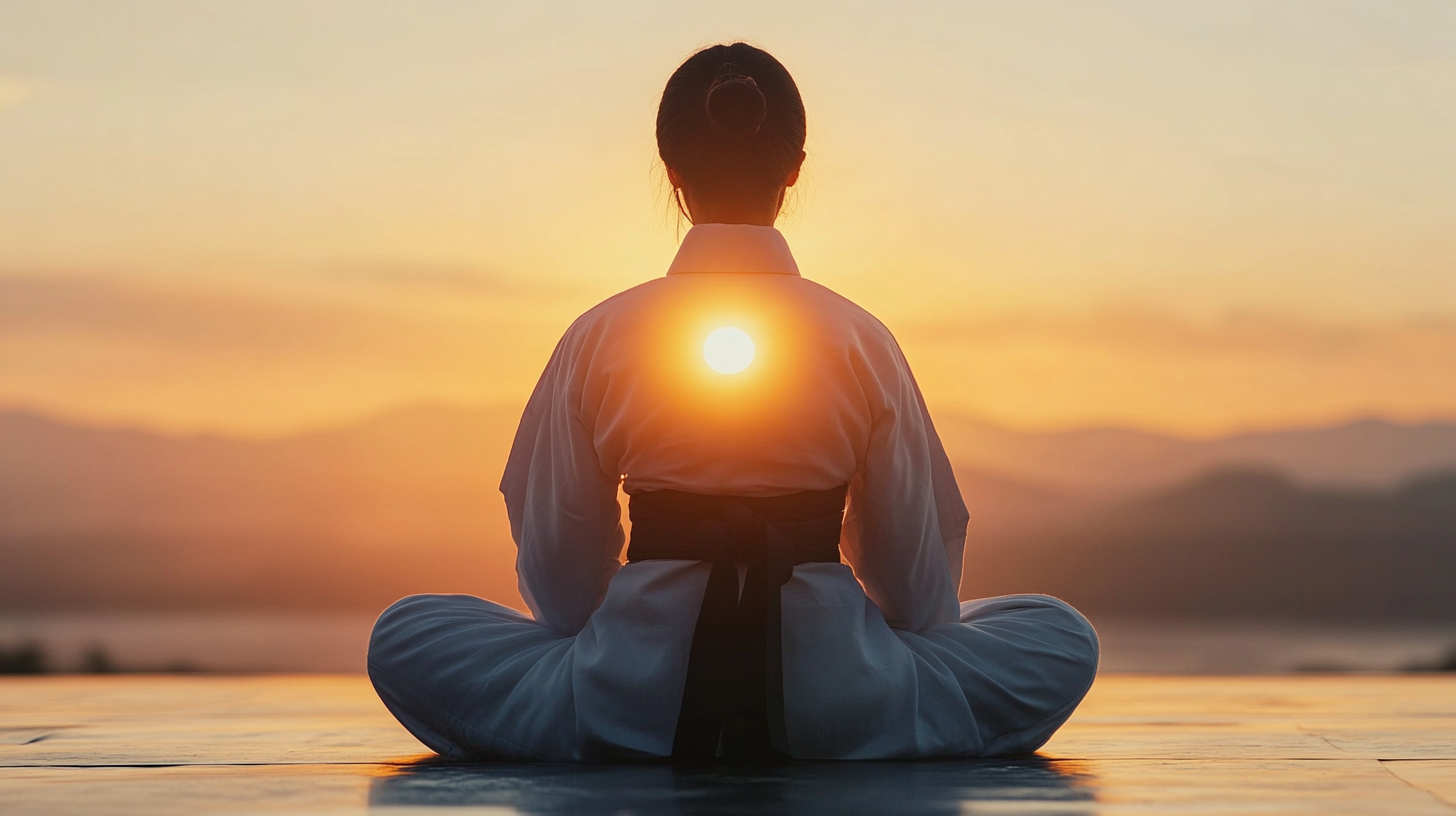 Korean person in Taekwondo uniform kneeling facing sun horizon.