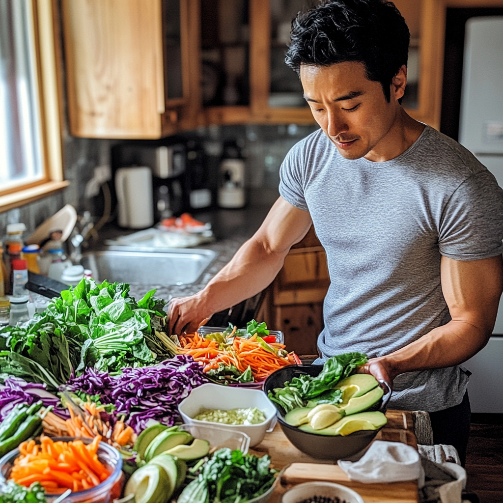 Korean person making salad in organized kitchen. Healthy ingredients.