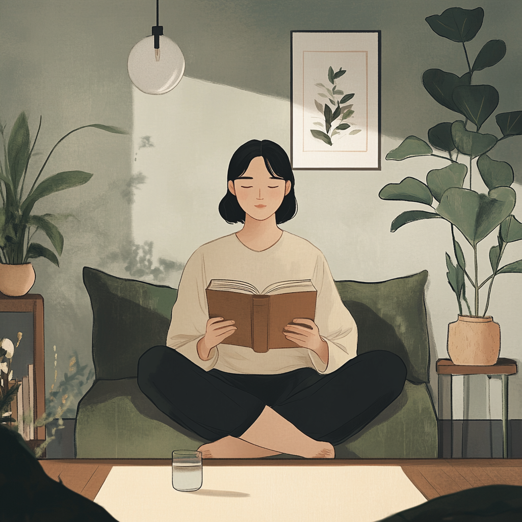 Korean person reading book while fasting in cozy room