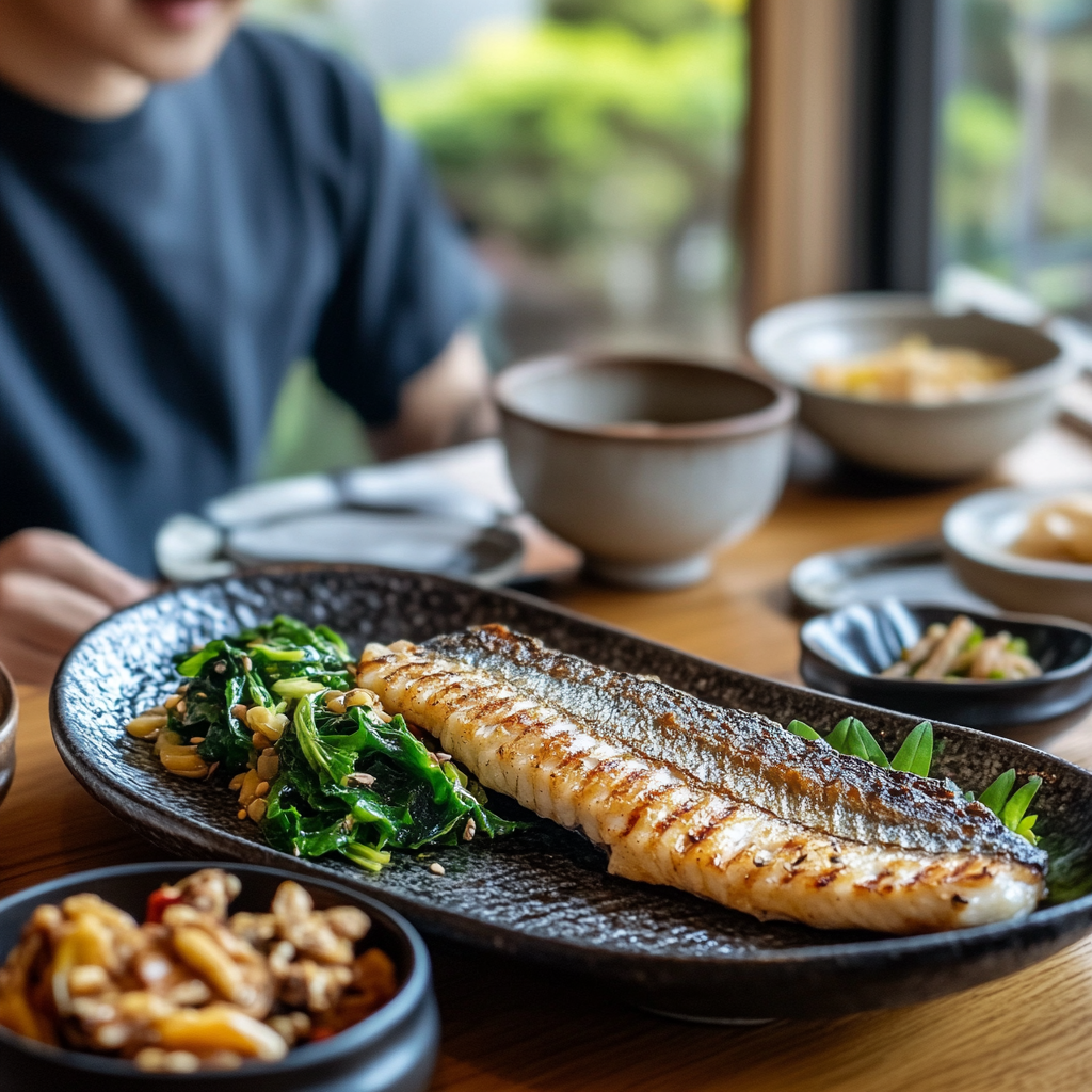 Korean person ready to eat balanced meal mindfully.