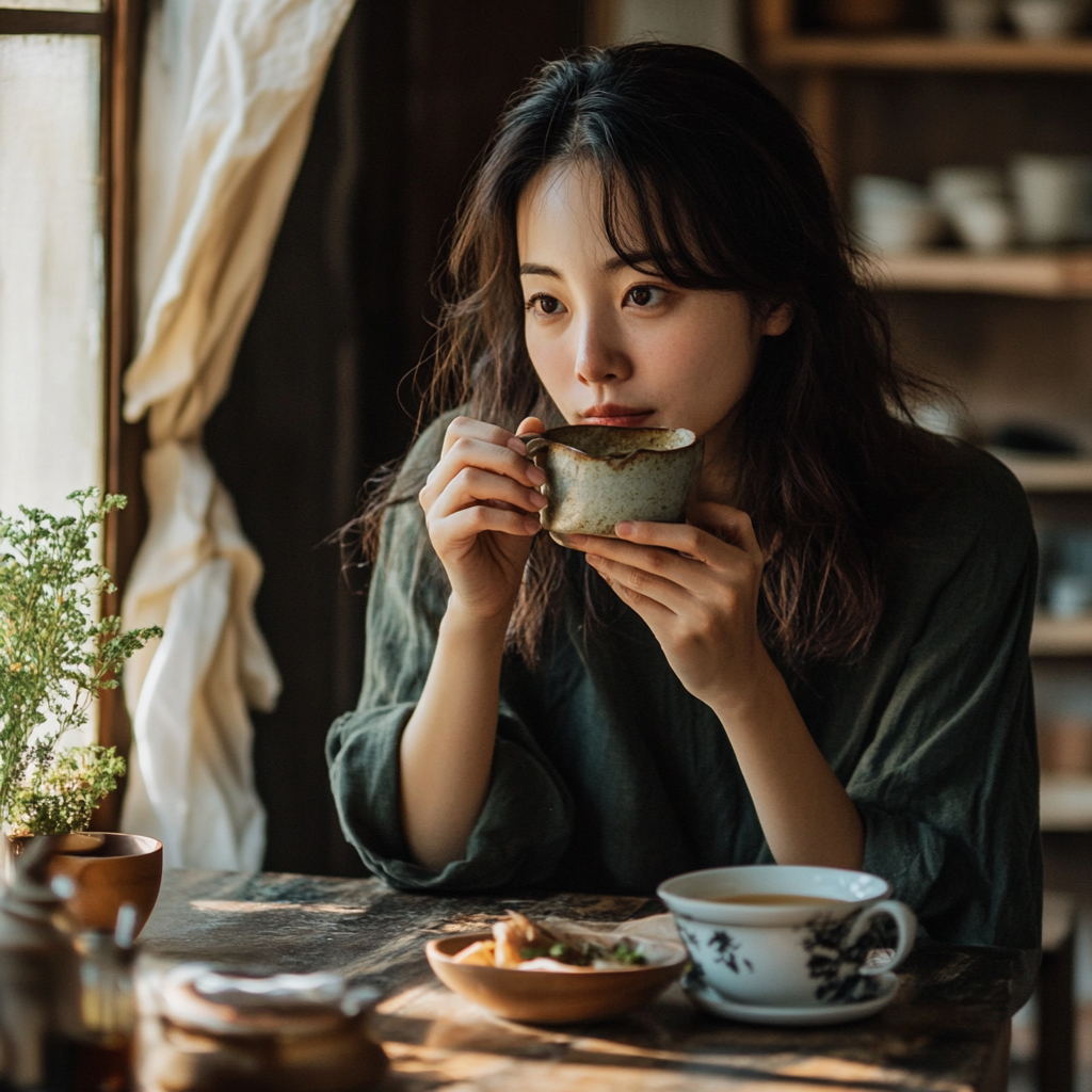 Korean person sipping tea, planning meals for fasting day.