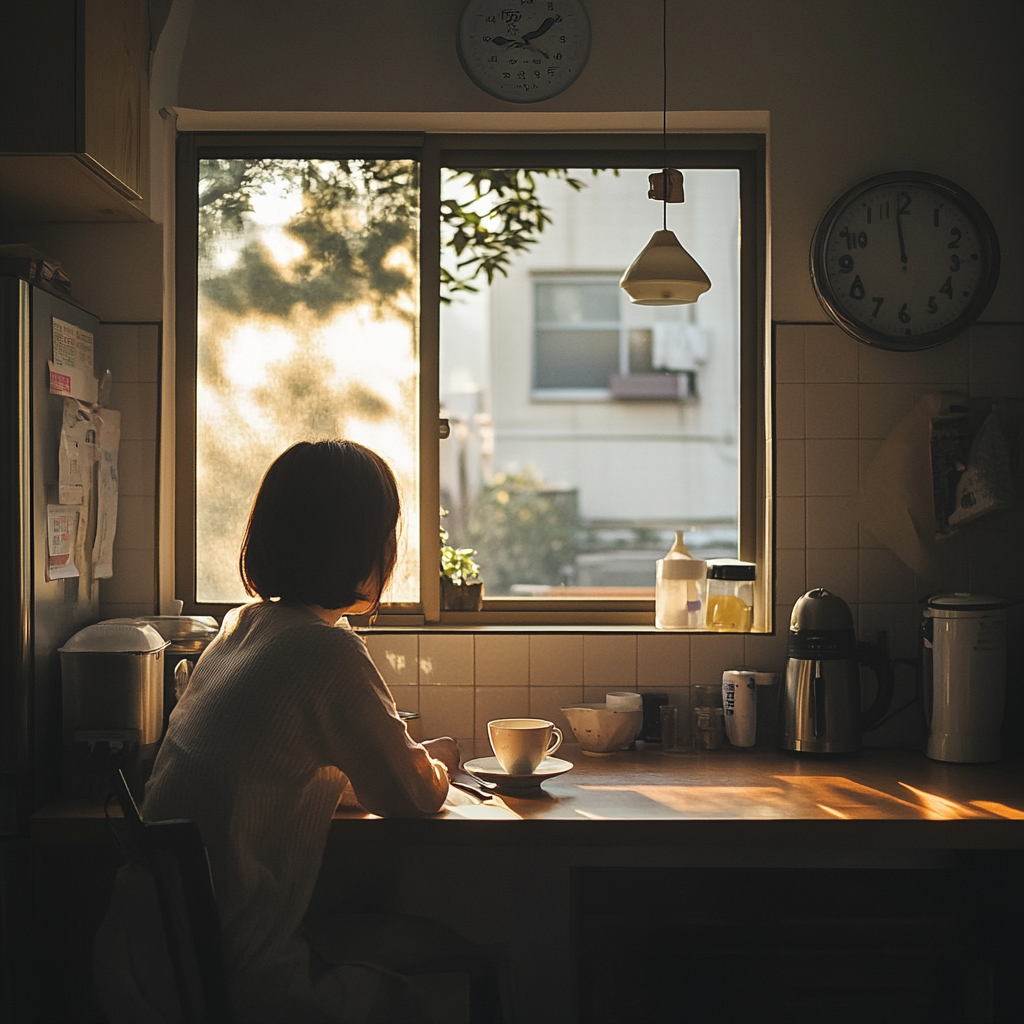 Korean person sipping tea in serene morning kitchen.