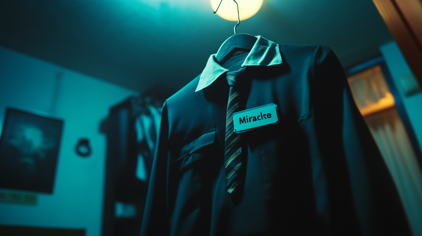 Korean school uniform hanging on door in moonlight.