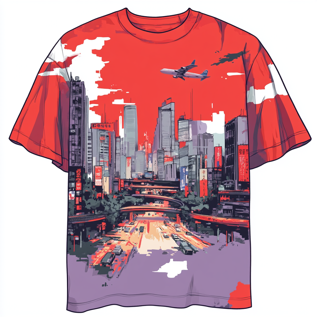 Korean style red shirt with city elements