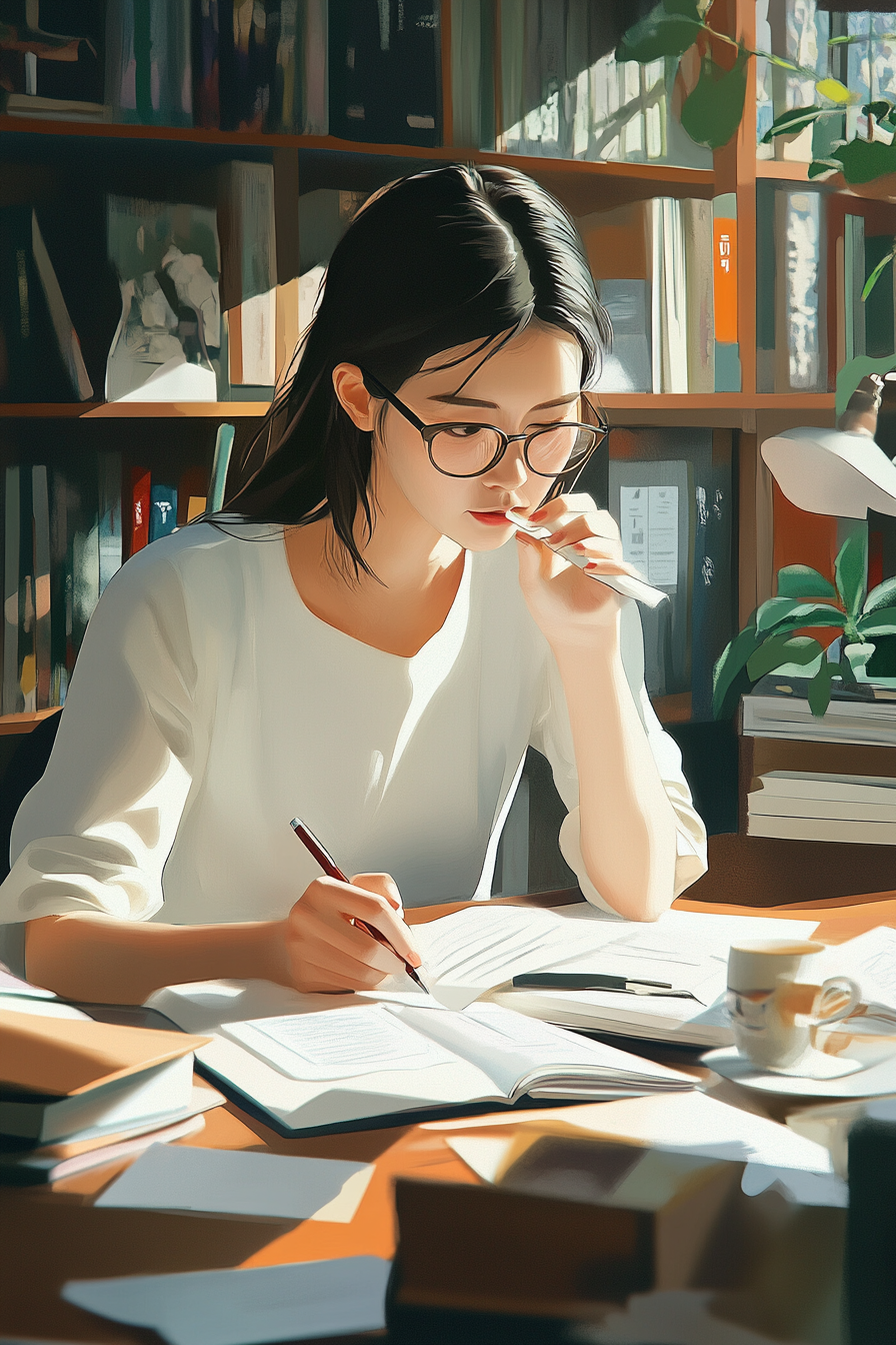 Korean teacher grading papers in Bauhaus cafe with latte.