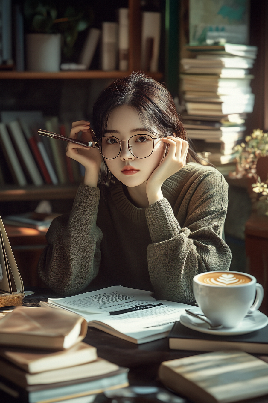 Korean teacher grading papers in stylish coffee shop.