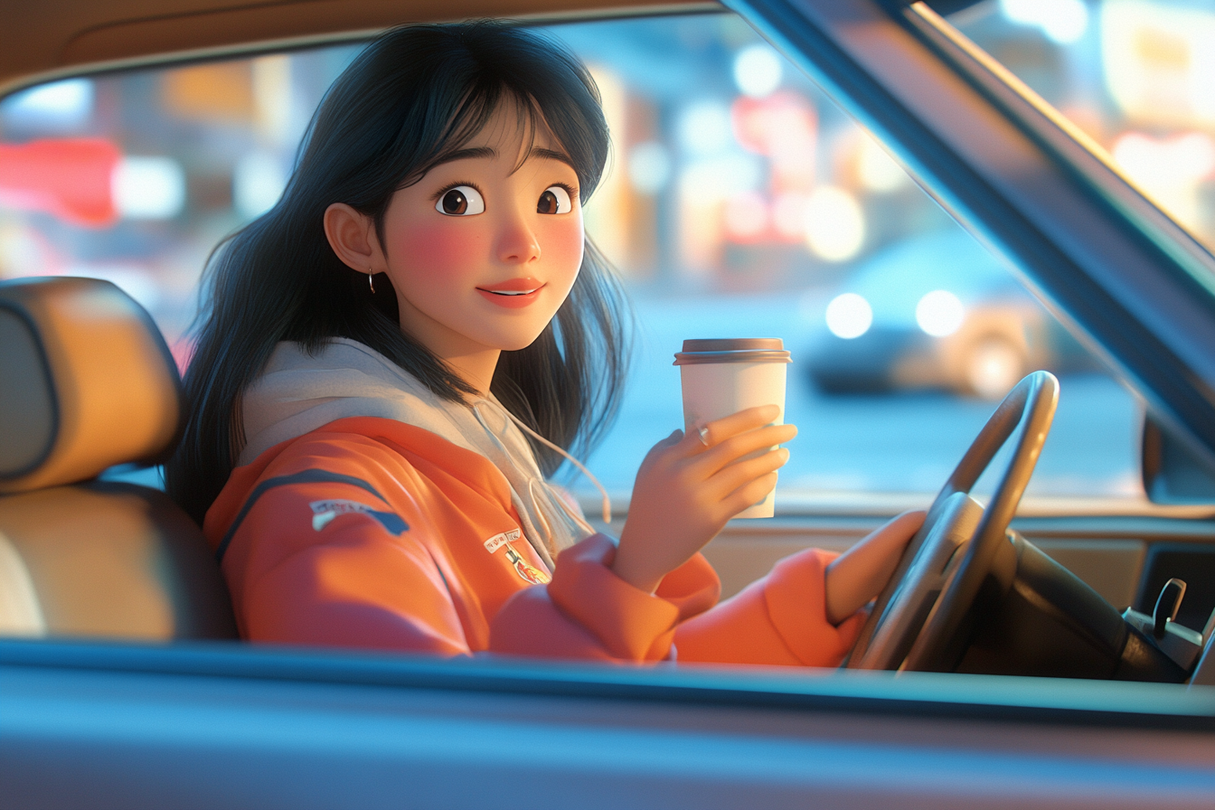 Korean woman in car with phone and coffee