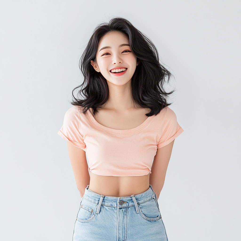 Korean woman in stylish outfit smiling confidently. White background.