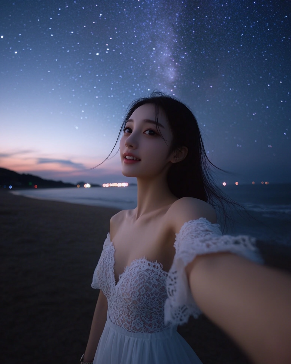 Korean woman in white dress under starry night sky.