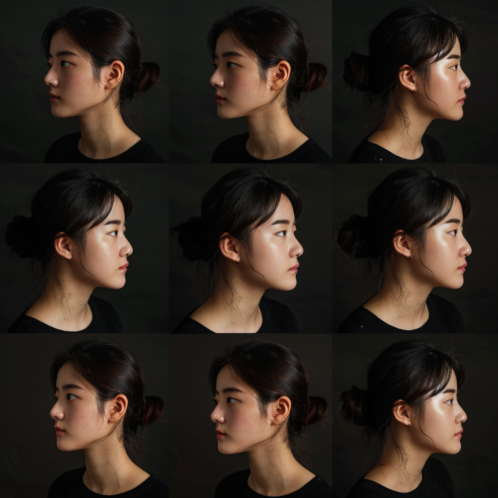 Korean woman portrait in 9 diverse angles, detailed.