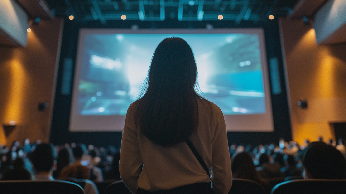 Korean woman presenting in auditorium, focused expressions, large screen.