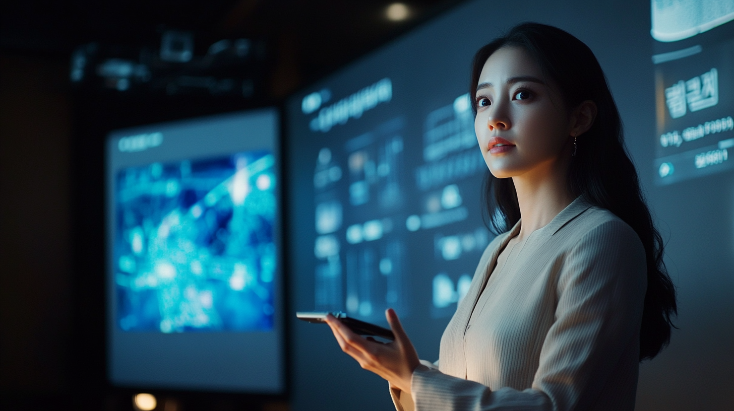 Korean woman presenting in dimly lit conference room.