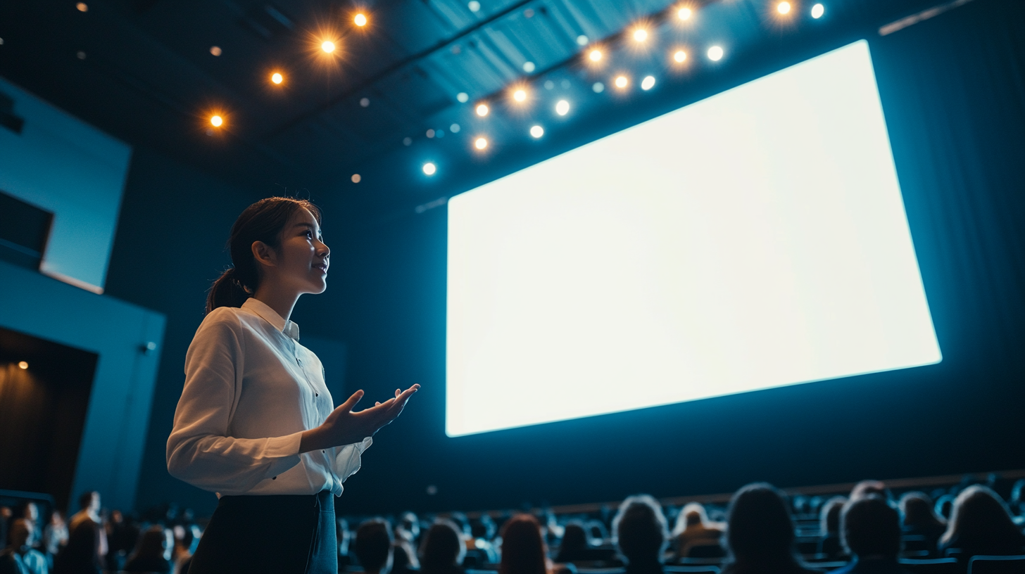 Korean woman presenting on big screen in auditorium.