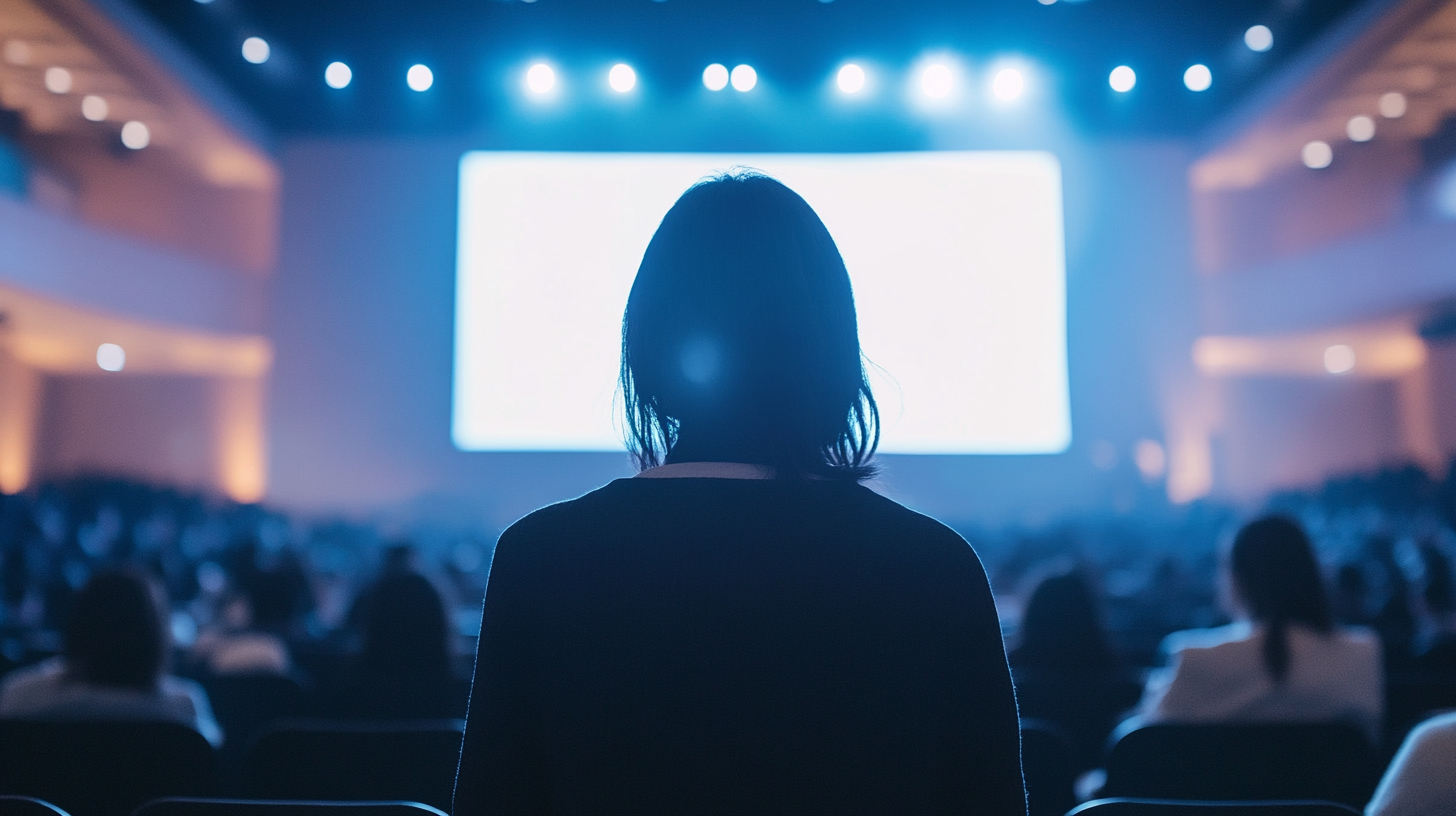 Korean woman presenting on stage with screen light glow.