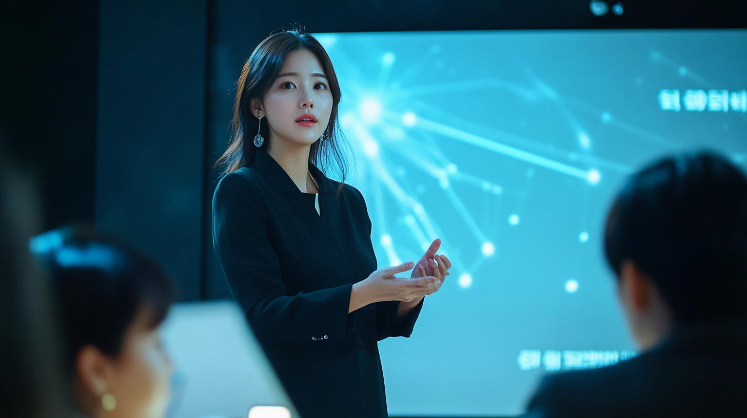 Korean woman presenting to group with modern lighting.