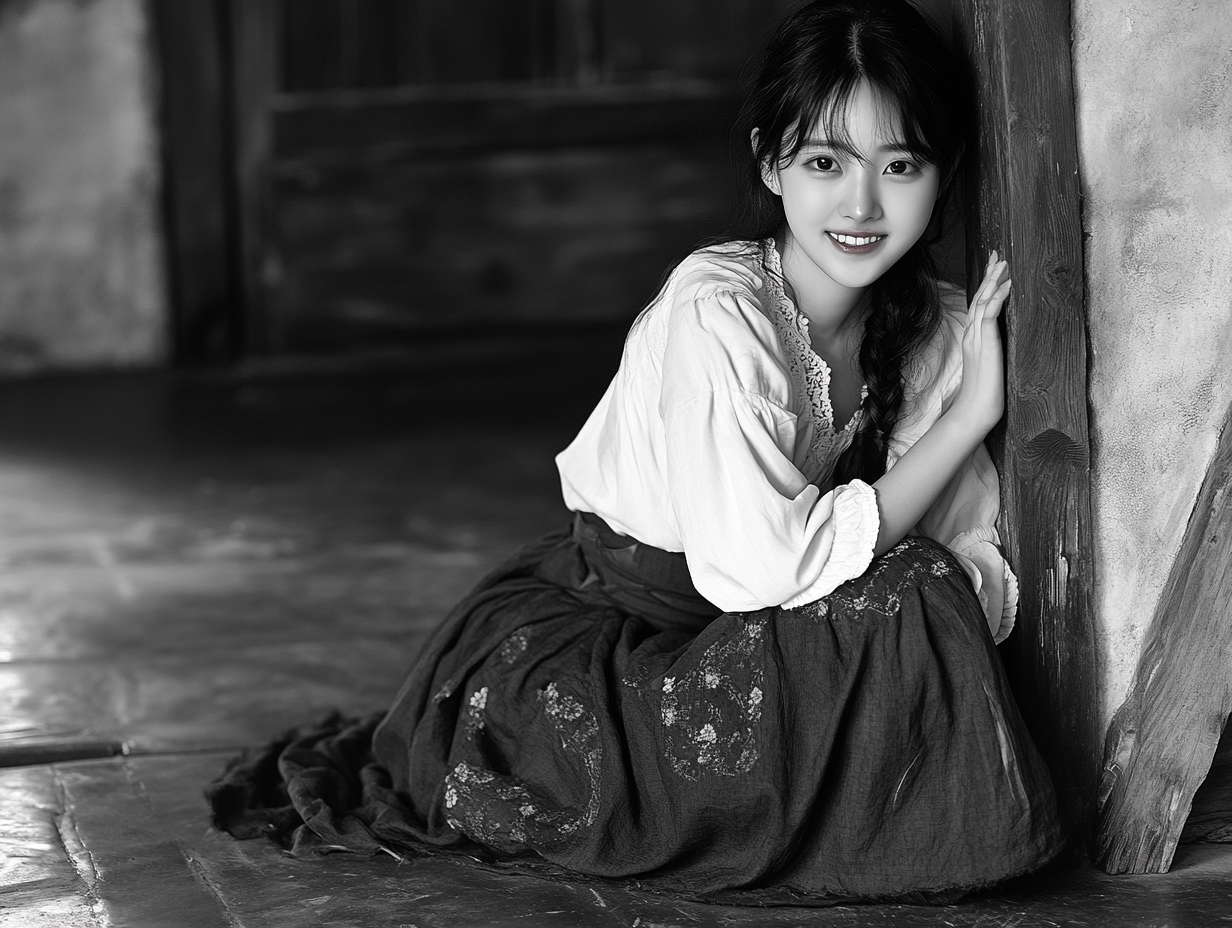 Korean woman resembling Selena Gomez dresses as peasant girl.