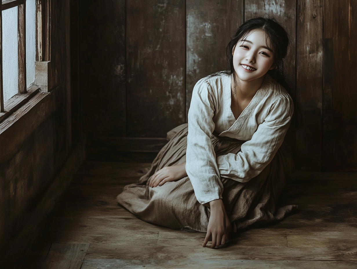 Korean woman resembling Selena Gomez wearing peasant outfit smiling.