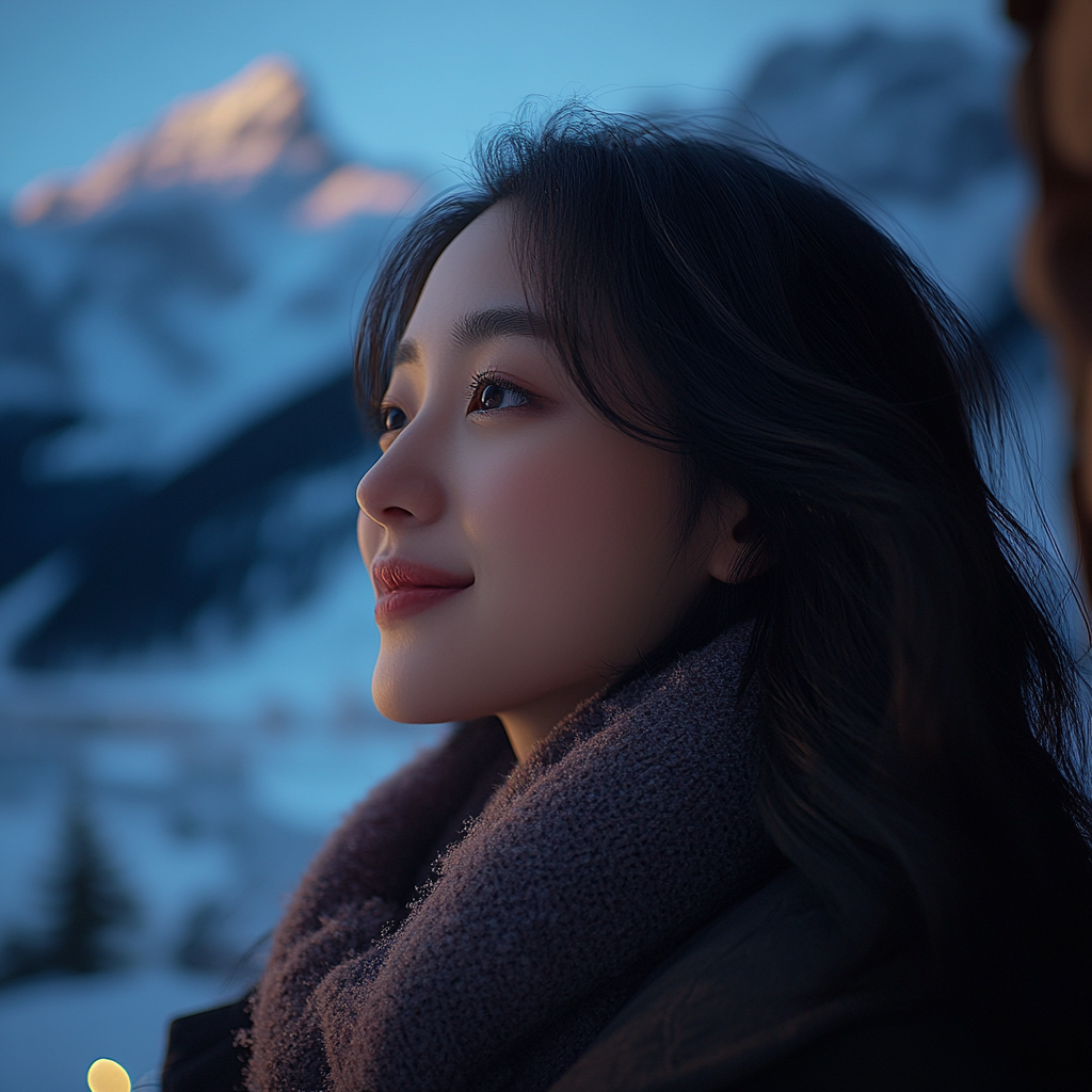 Korean woman smiling in cozy cabin winter wonderland