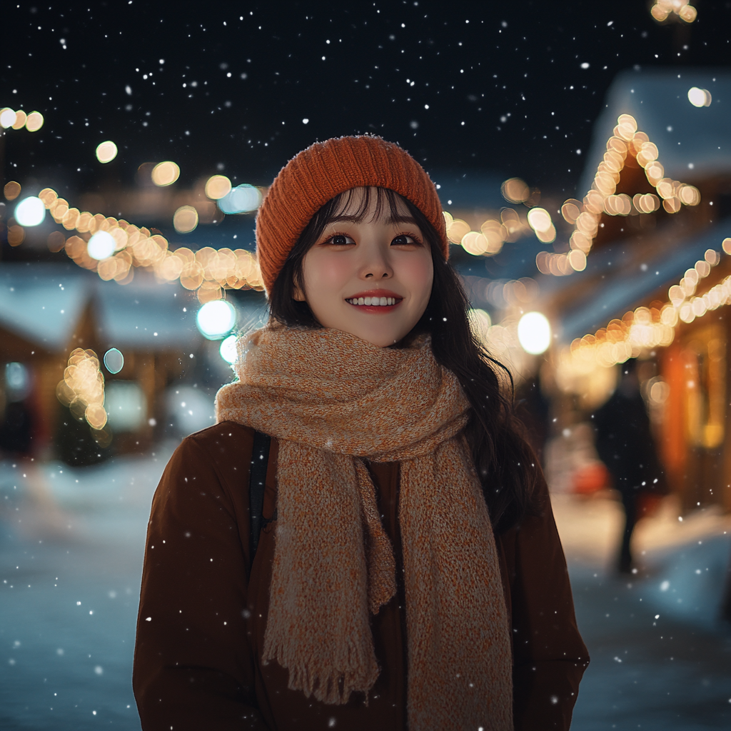 Korean woman smiling in snowy festival town